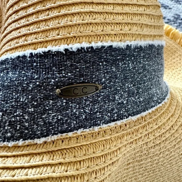C.C. Exclusives Frayed edge wide brim straw hat with ribbon sun beach HOST PICK! - Picture 3 of 3